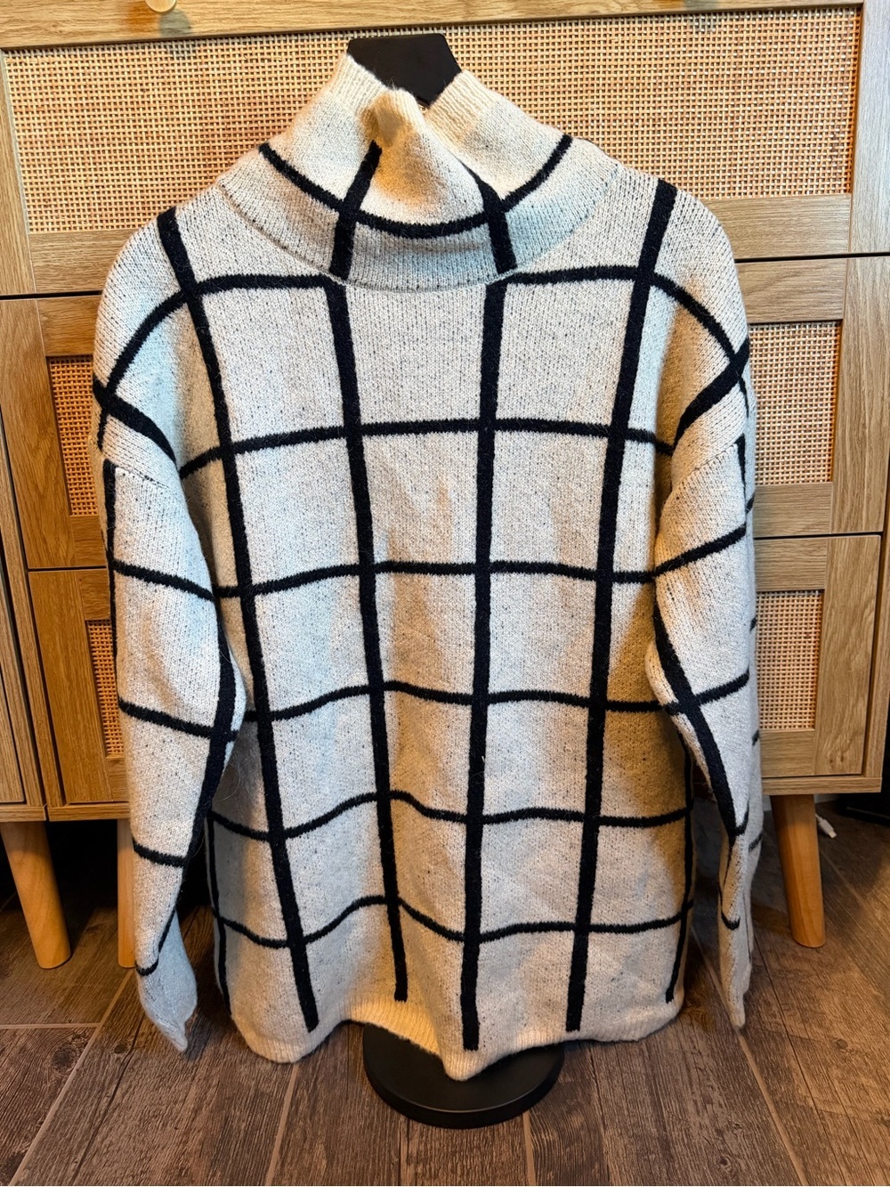 Doe & Rae Cream and Black Windowpane Turtleneck Sweater